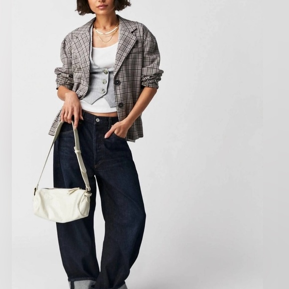 We the Free People Cali Plaid blazer M black grey pink Boxy Single Breasted - Picture 7 of 15